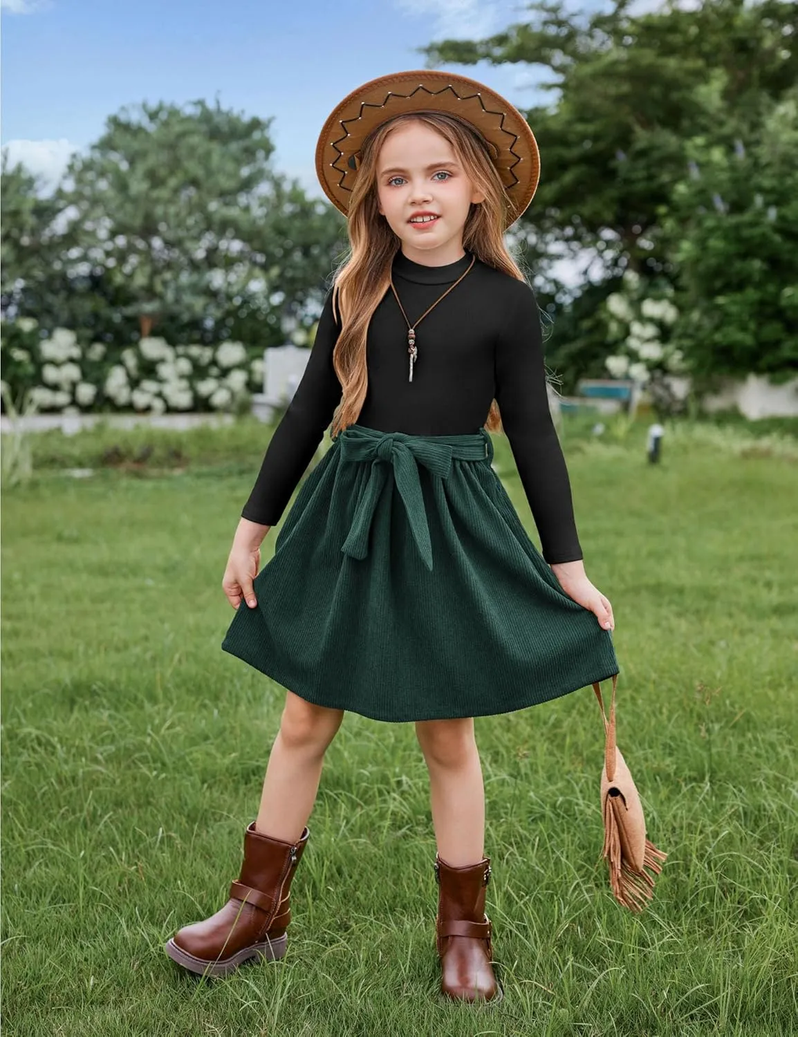 Arshiner Girls Dresses Long Sleeve Rib Knit Plaid Patchwork Belted Dress with Pockets