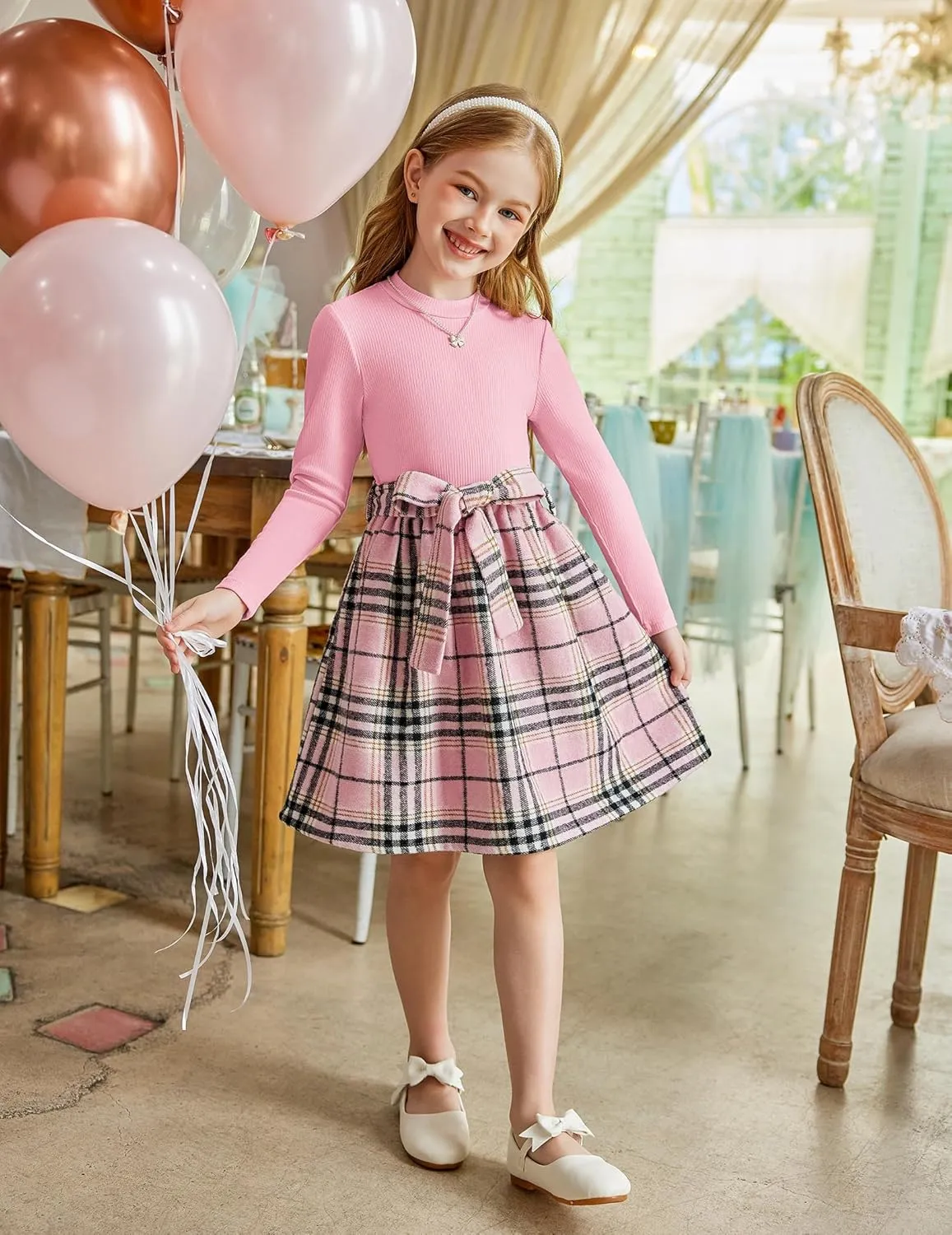 Arshiner Girls Dresses Long Sleeve Rib Knit Plaid Patchwork Belted Dress with Pockets