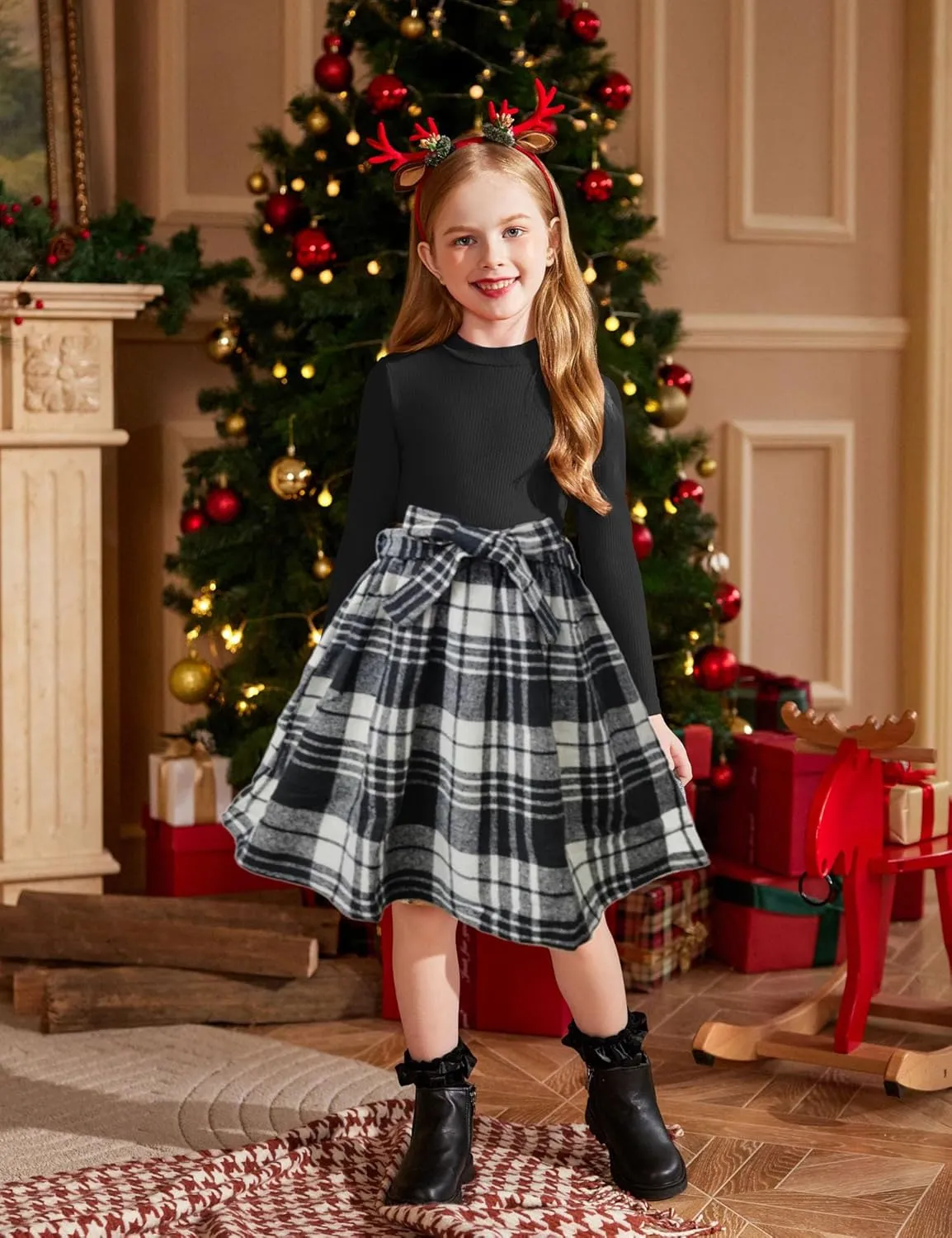Arshiner Girls Dresses Long Sleeve Rib Knit Plaid Patchwork Belted Dress with Pockets