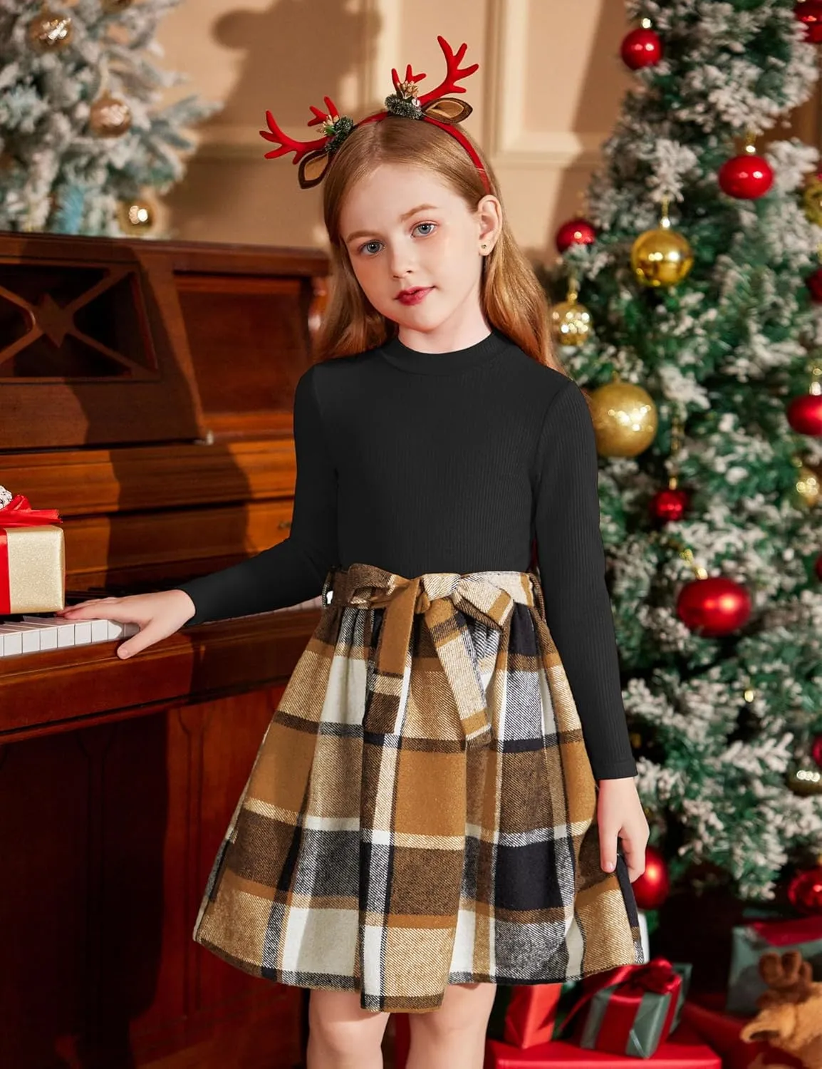 Arshiner Girls Dresses Long Sleeve Rib Knit Plaid Patchwork Belted Dress with Pockets