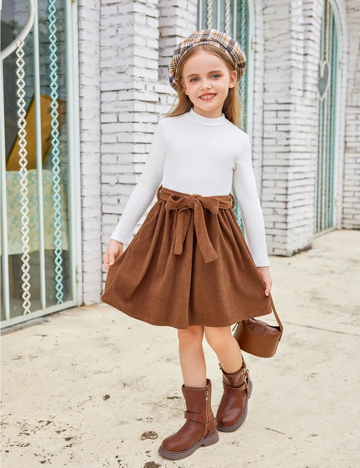 Arshiner Girls Dresses Long Sleeve Rib Knit Plaid Patchwork Belted Dress with Pockets