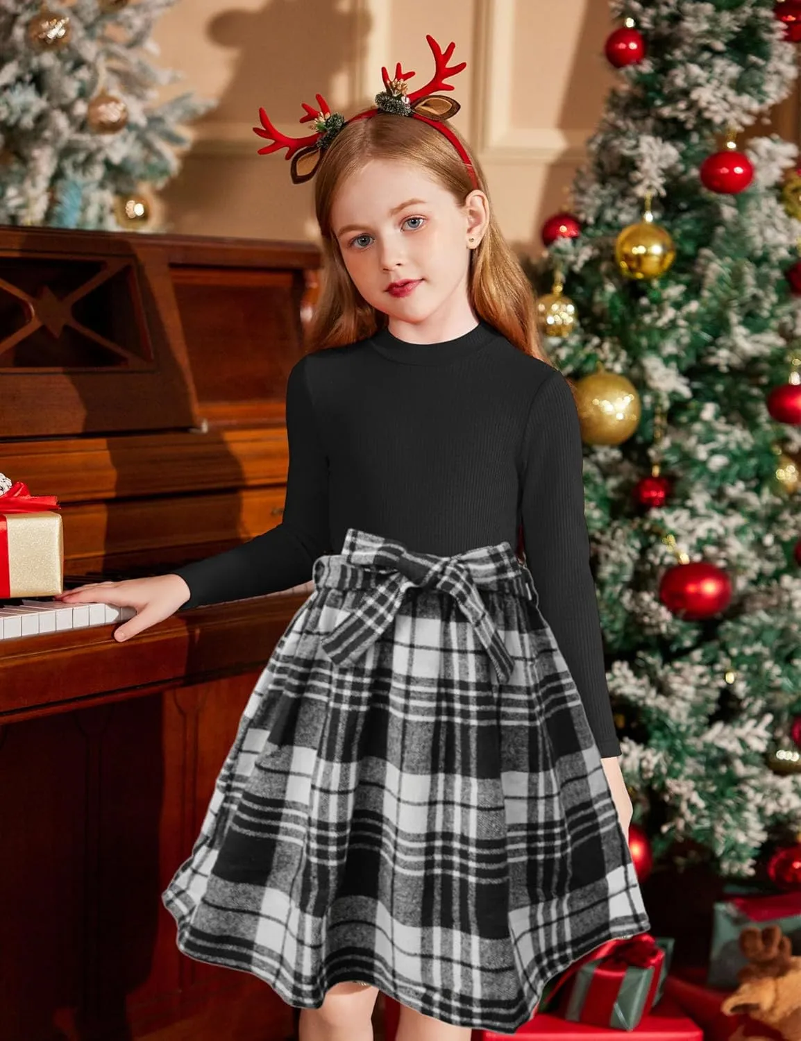 Arshiner Girls Dresses Long Sleeve Rib Knit Plaid Patchwork Belted Dress with Pockets