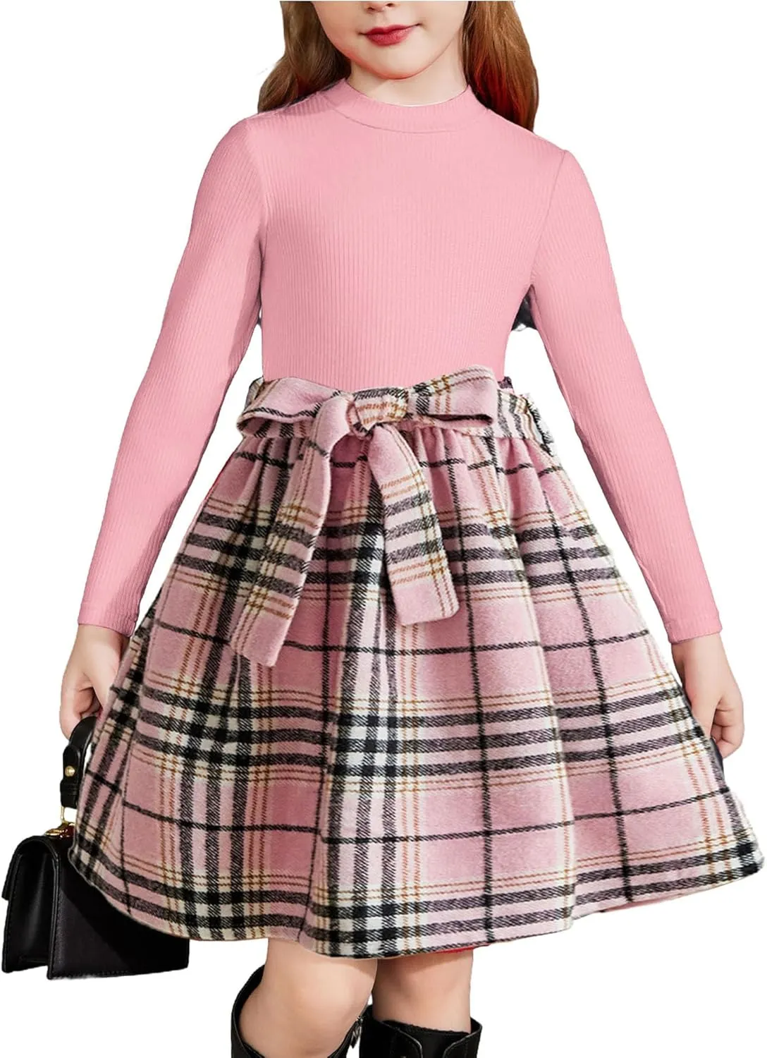 Arshiner Girls Dresses Long Sleeve Rib Knit Plaid Patchwork Belted Dress with Pockets