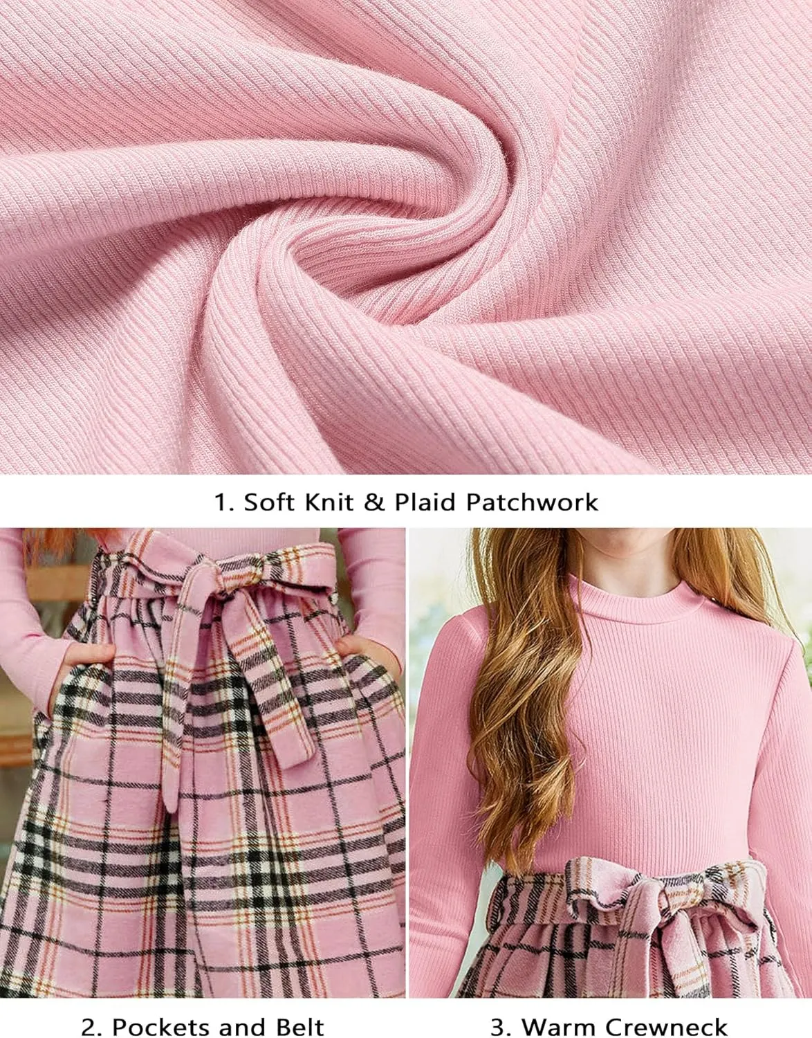 Arshiner Girls Dresses Long Sleeve Rib Knit Plaid Patchwork Belted Dress with Pockets