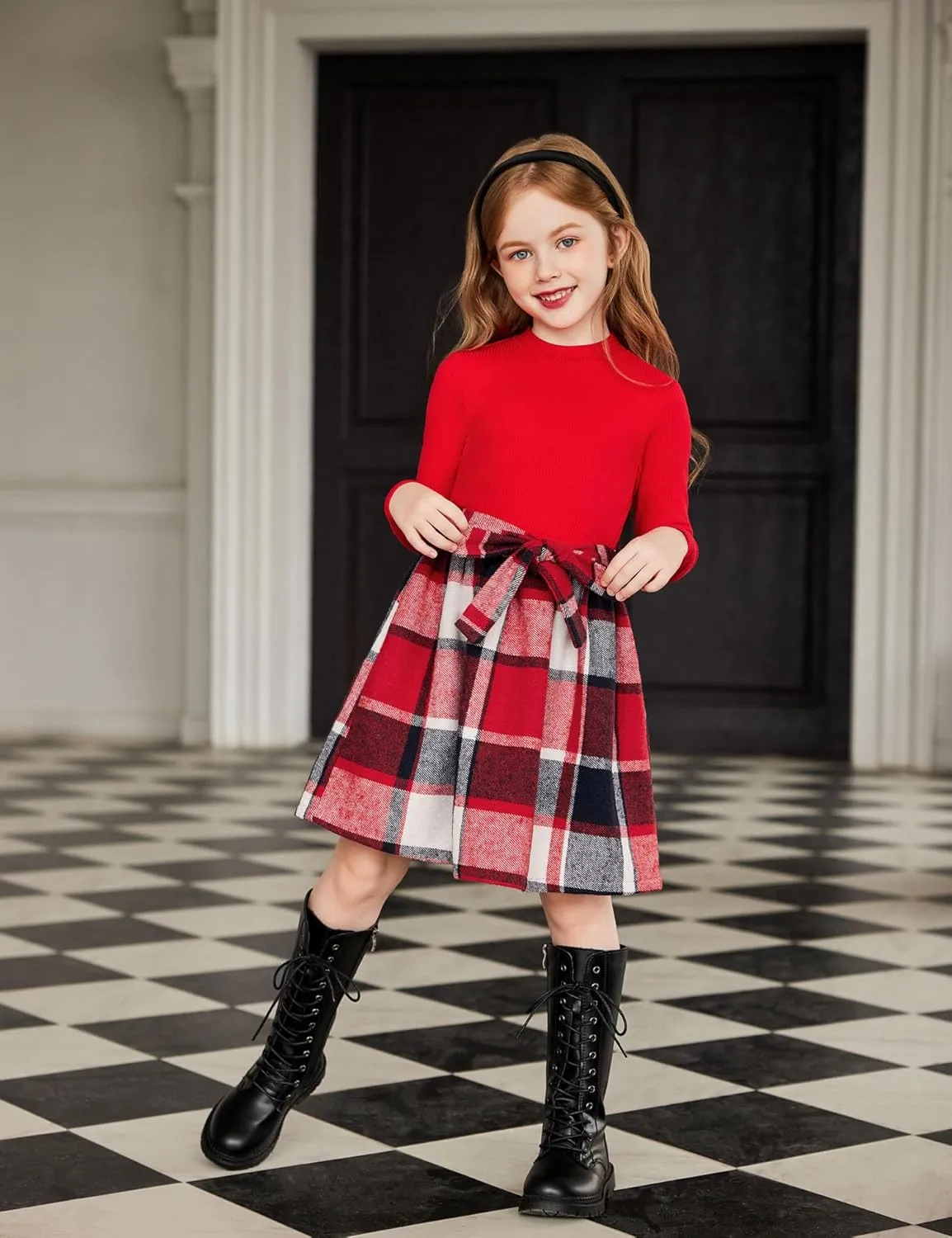 Arshiner Girls Dresses Long Sleeve Rib Knit Plaid Patchwork Belted Dress with Pockets
