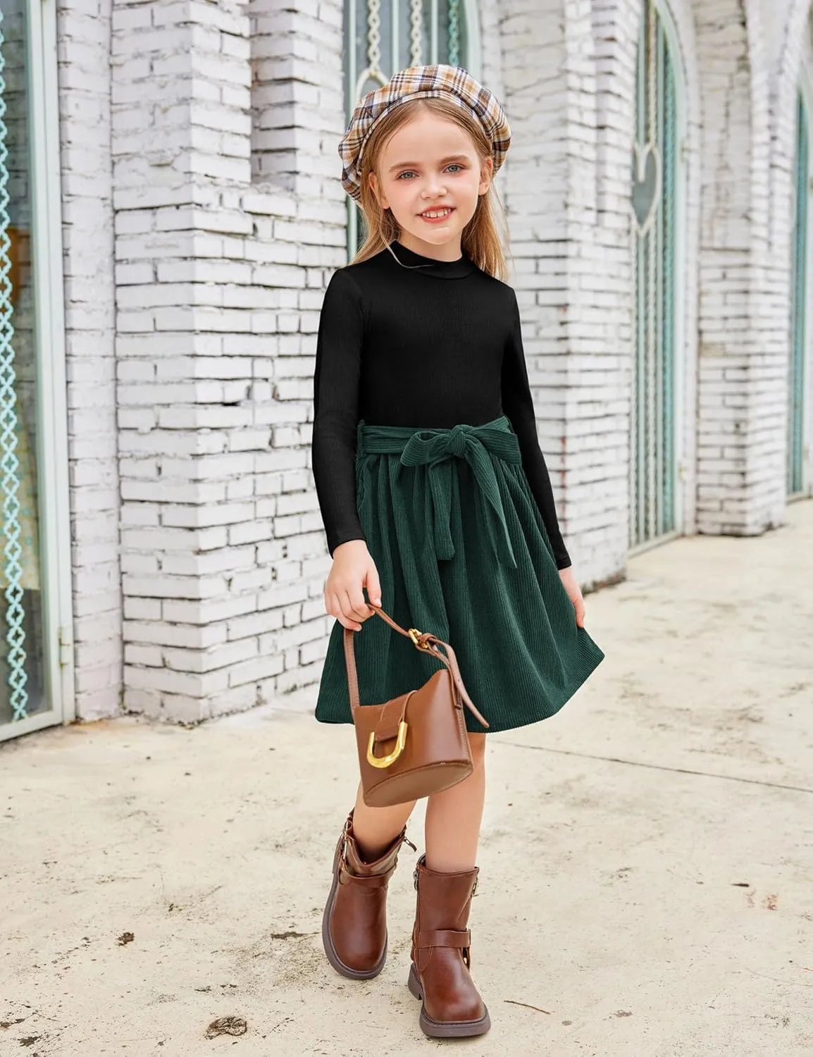 Arshiner Girls Dresses Long Sleeve Rib Knit Plaid Patchwork Belted Dress with Pockets