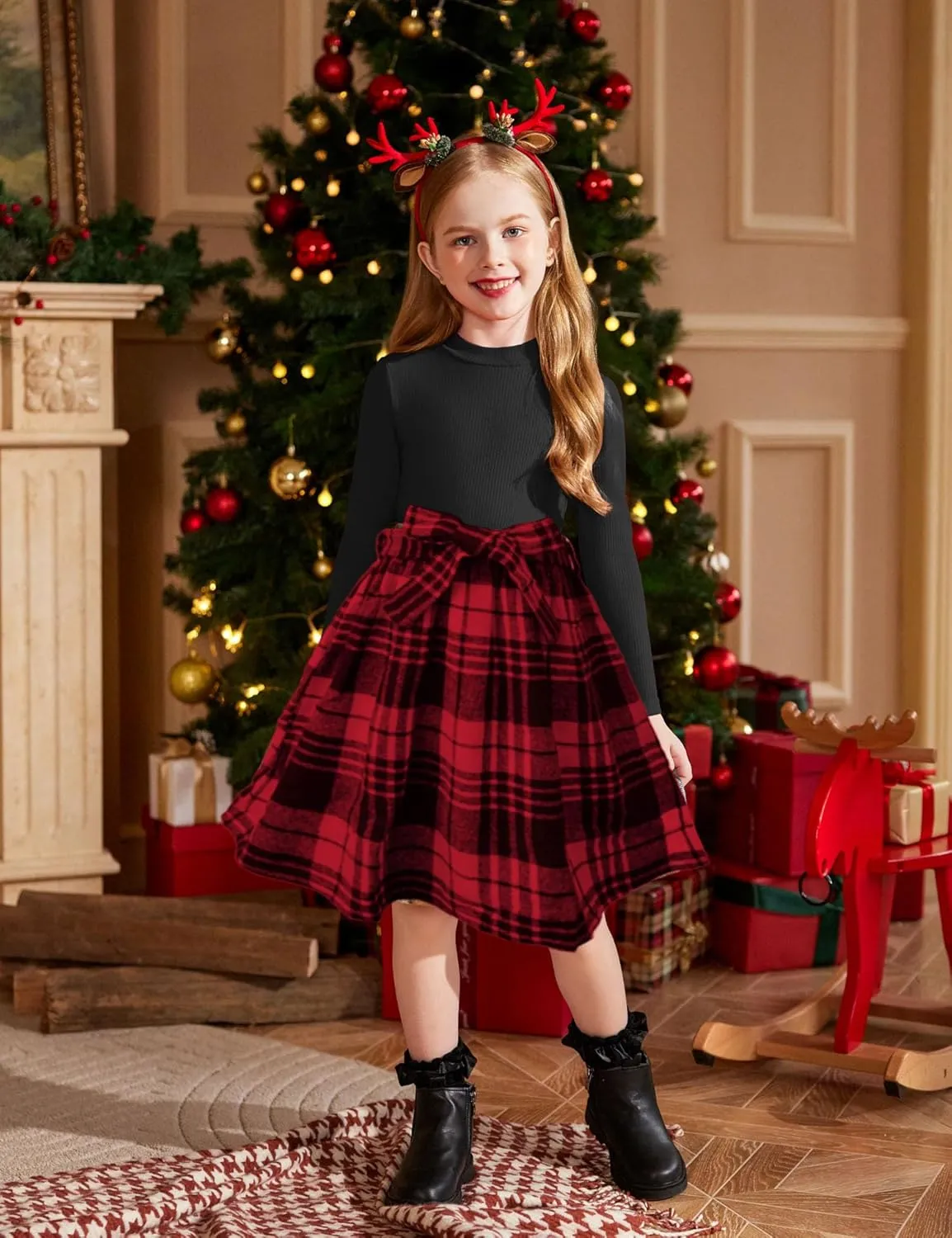 Arshiner Girls Dresses Long Sleeve Rib Knit Plaid Patchwork Belted Dress with Pockets