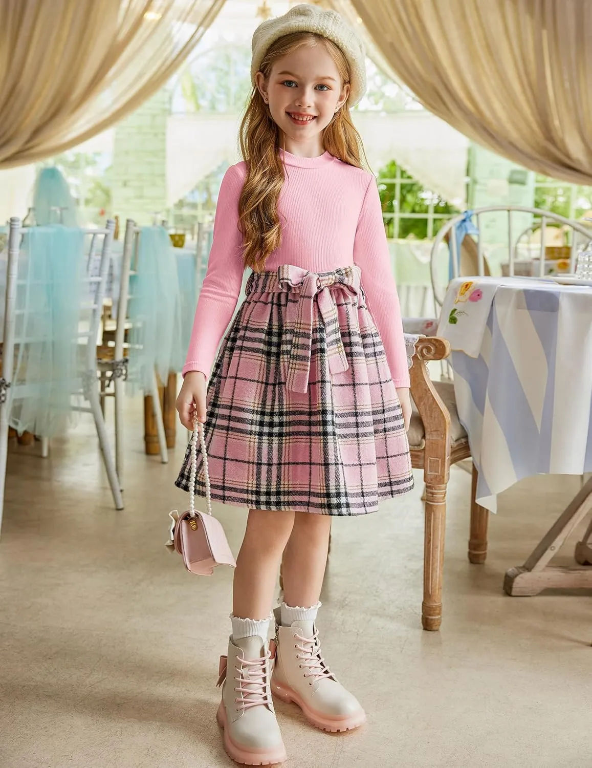 Arshiner Girls Dresses Long Sleeve Rib Knit Plaid Patchwork Belted Dress with Pockets