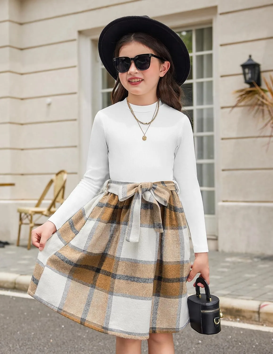 Arshiner Girls Dresses Long Sleeve Rib Knit Plaid Patchwork Belted Dress with Pockets