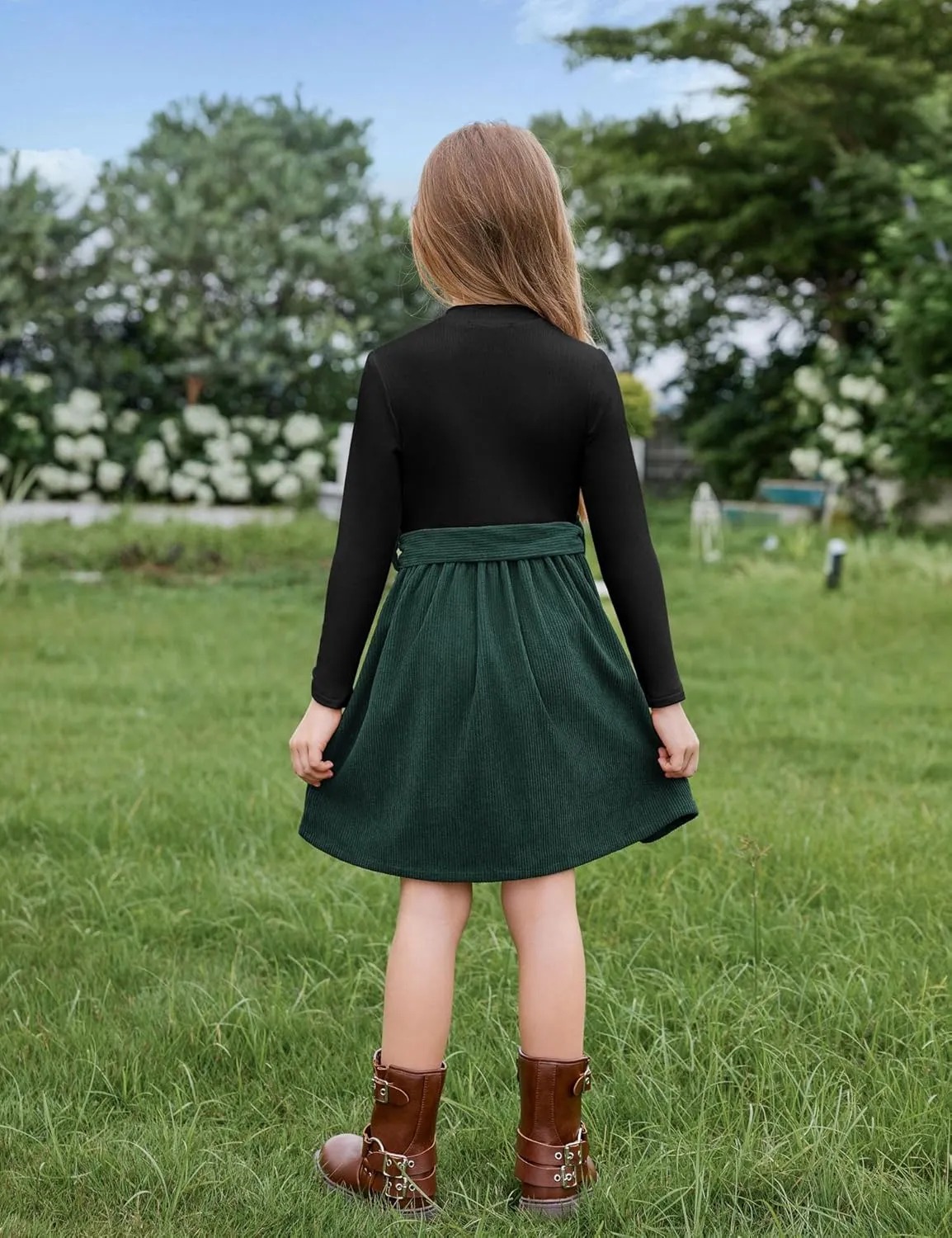 Arshiner Girls Dresses Long Sleeve Rib Knit Plaid Patchwork Belted Dress with Pockets