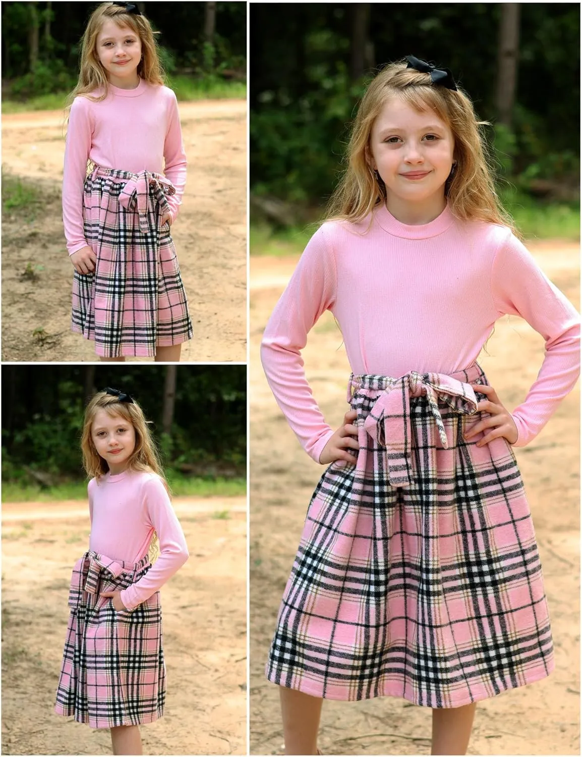 Arshiner Girls Dresses Long Sleeve Rib Knit Plaid Patchwork Belted Dress with Pockets
