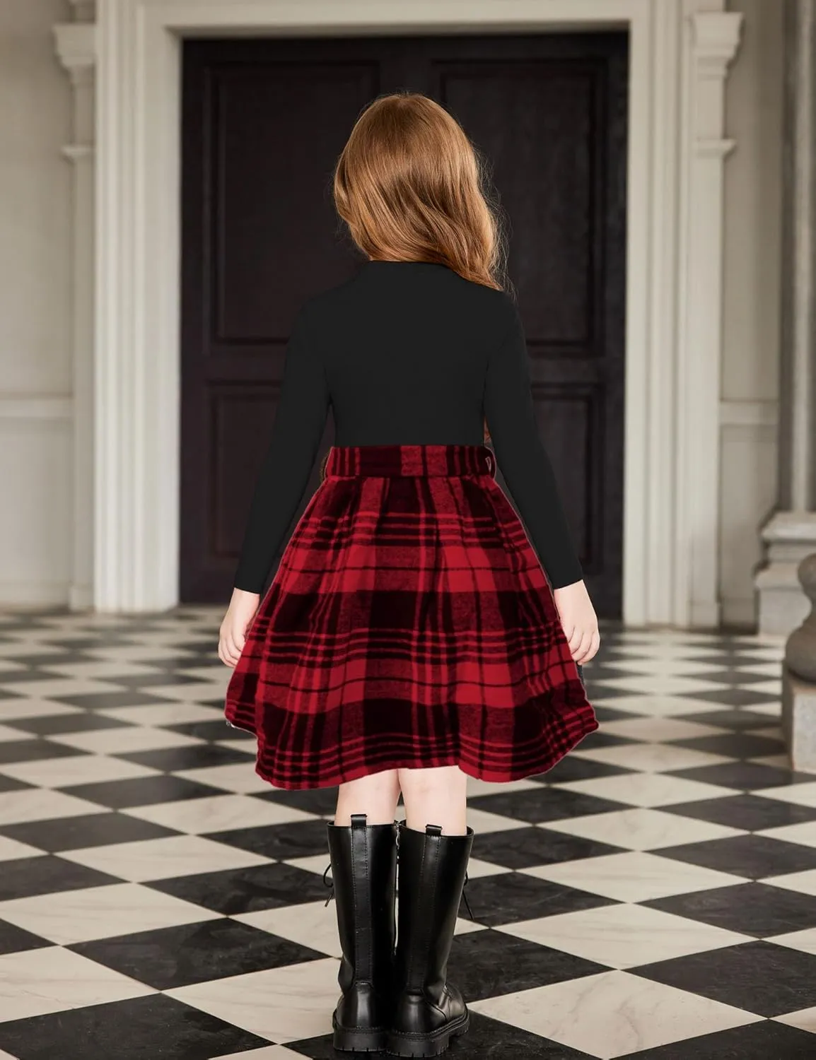 Arshiner Girls Dresses Long Sleeve Rib Knit Plaid Patchwork Belted Dress with Pockets