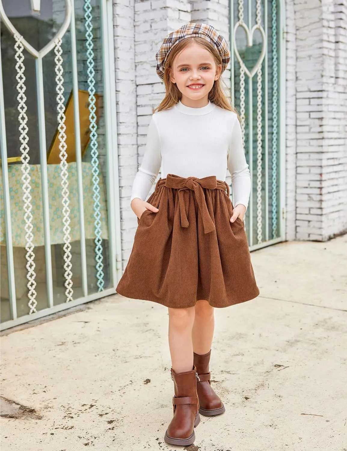 Arshiner Girls Dresses Long Sleeve Rib Knit Plaid Patchwork Belted Dress with Pockets
