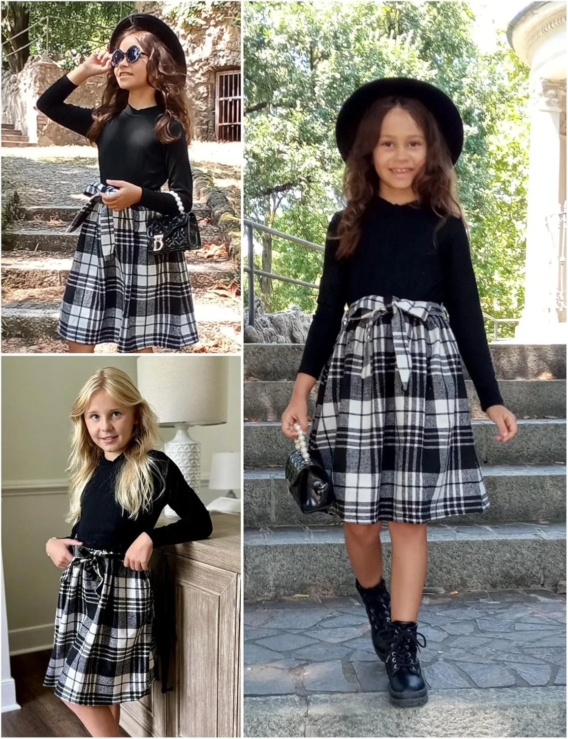 Arshiner Girls Dresses Long Sleeve Rib Knit Plaid Patchwork Belted Dress with Pockets