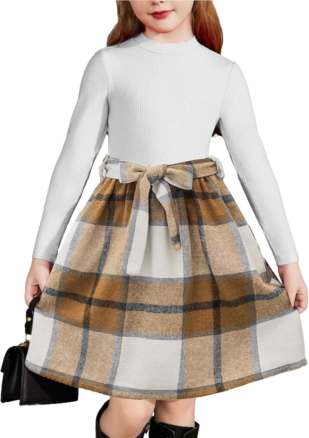 Arshiner Girls Dresses Long Sleeve Rib Knit Plaid Patchwork Belted Dress with Pockets