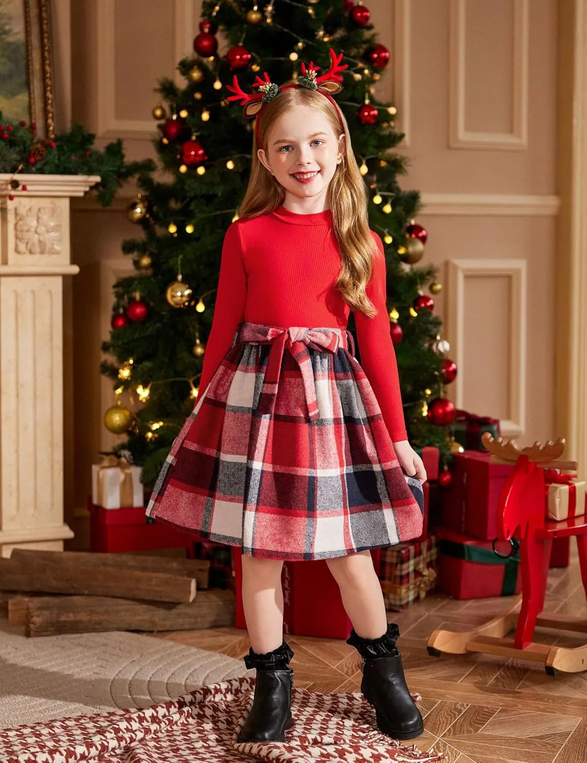 Arshiner Girls Dresses Long Sleeve Rib Knit Plaid Patchwork Belted Dress with Pockets