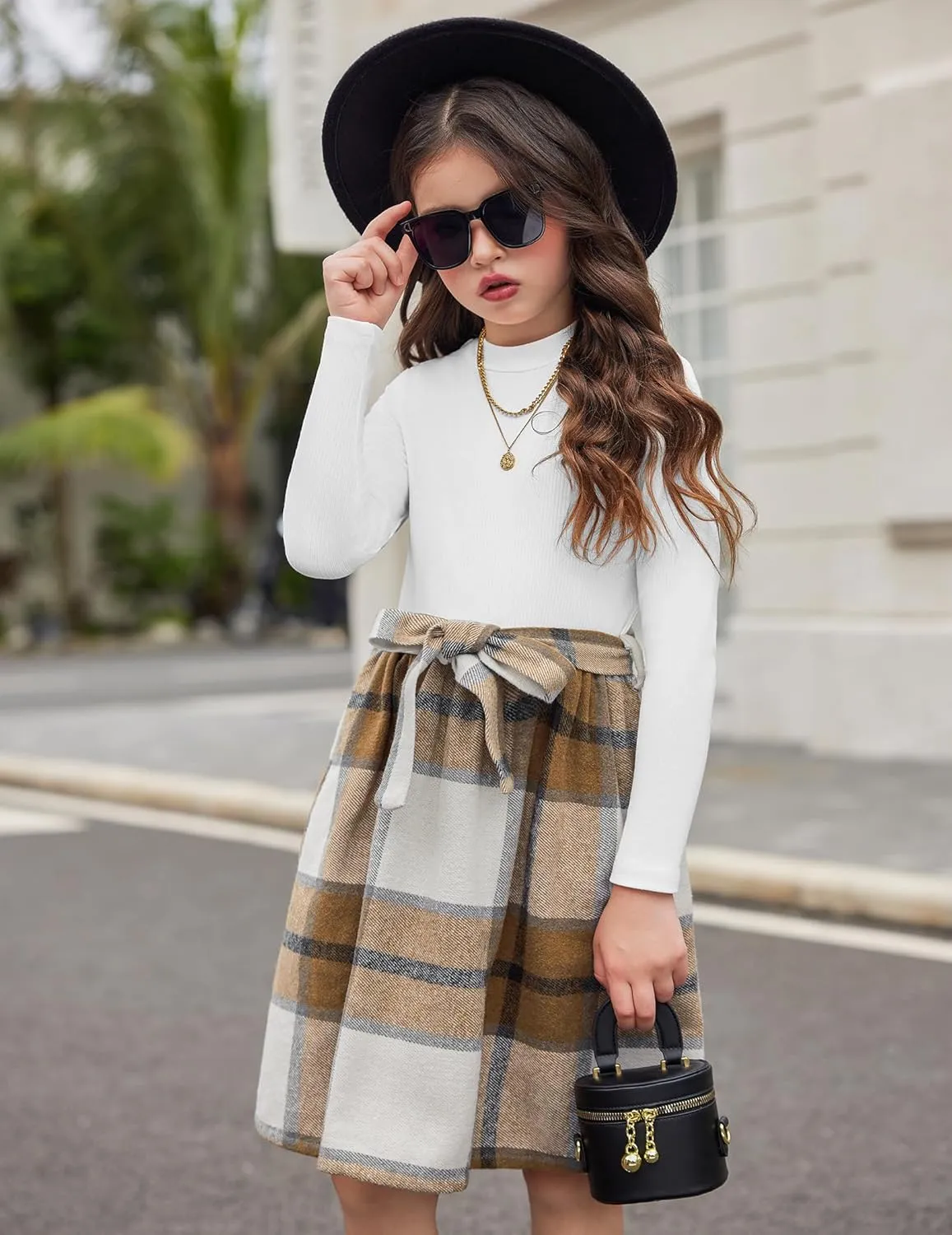 Arshiner Girls Dresses Long Sleeve Rib Knit Plaid Patchwork Belted Dress with Pockets