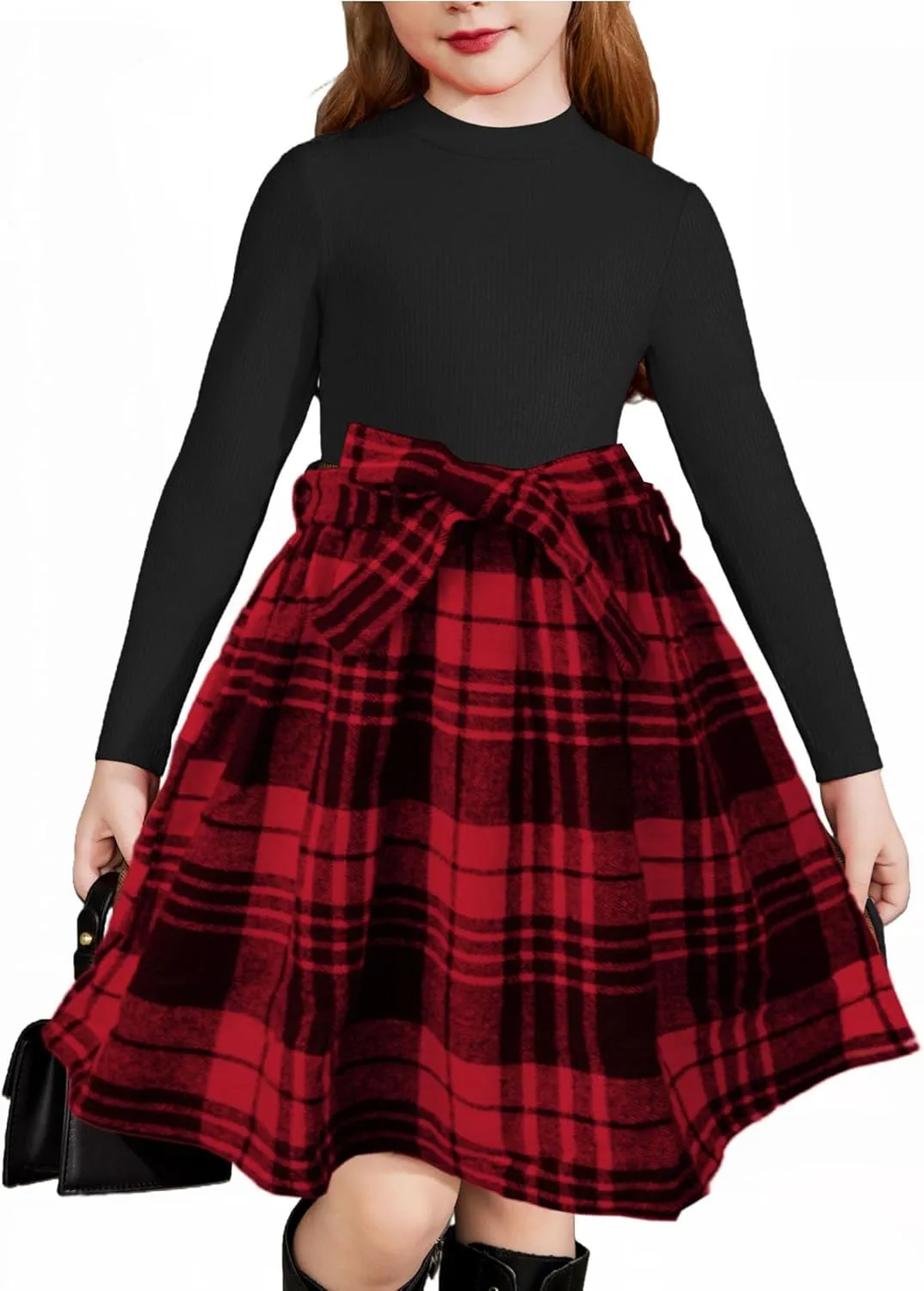 Arshiner Girls Dresses Long Sleeve Rib Knit Plaid Patchwork Belted Dress with Pockets