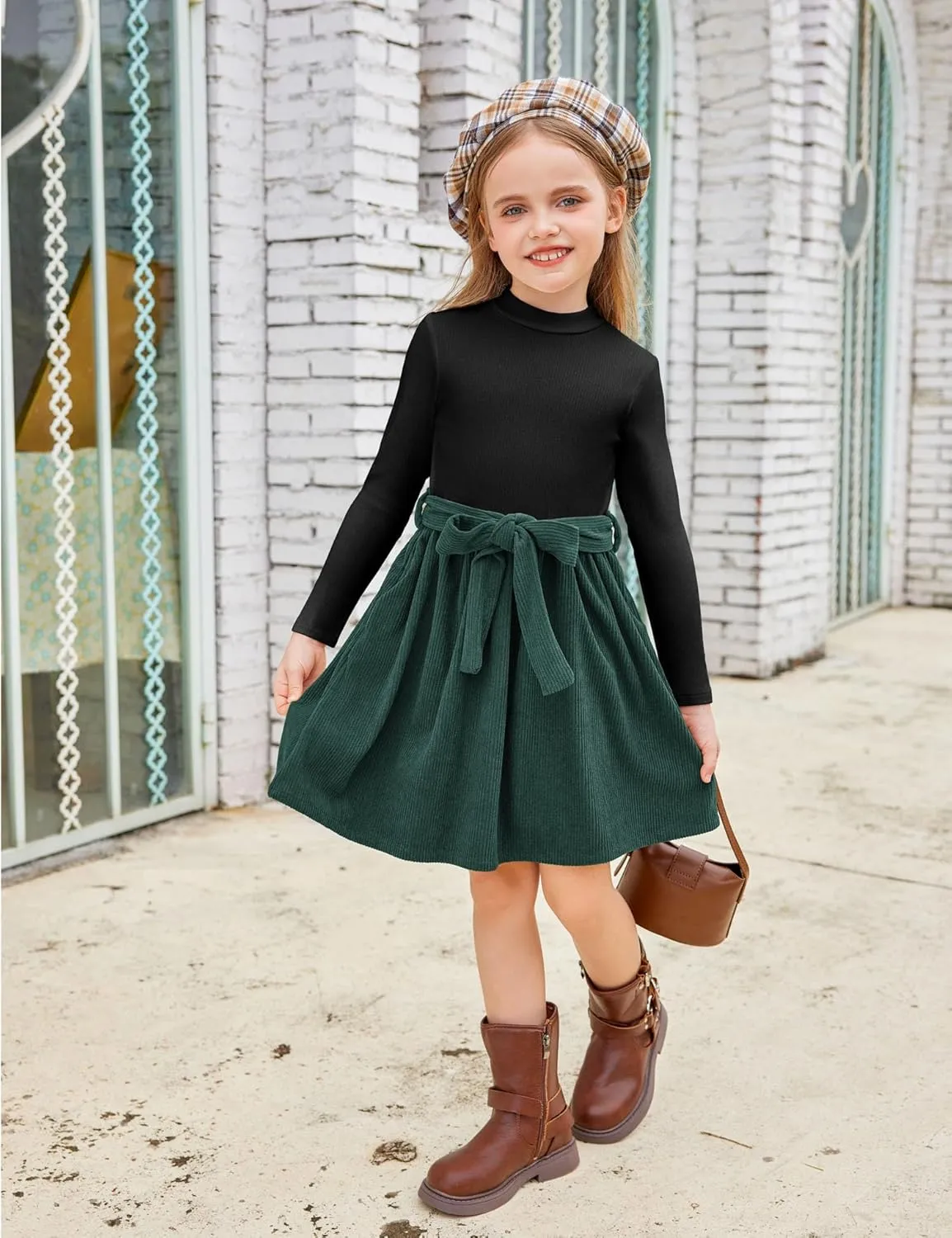 Arshiner Girls Dresses Long Sleeve Rib Knit Plaid Patchwork Belted Dress with Pockets