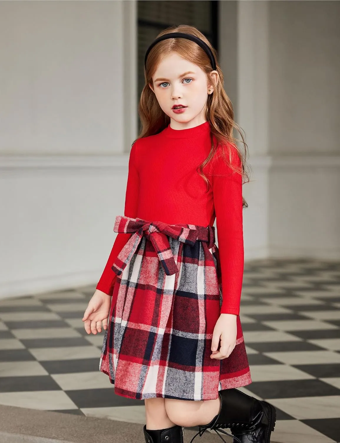 Arshiner Girls Dresses Long Sleeve Rib Knit Plaid Patchwork Belted Dress with Pockets