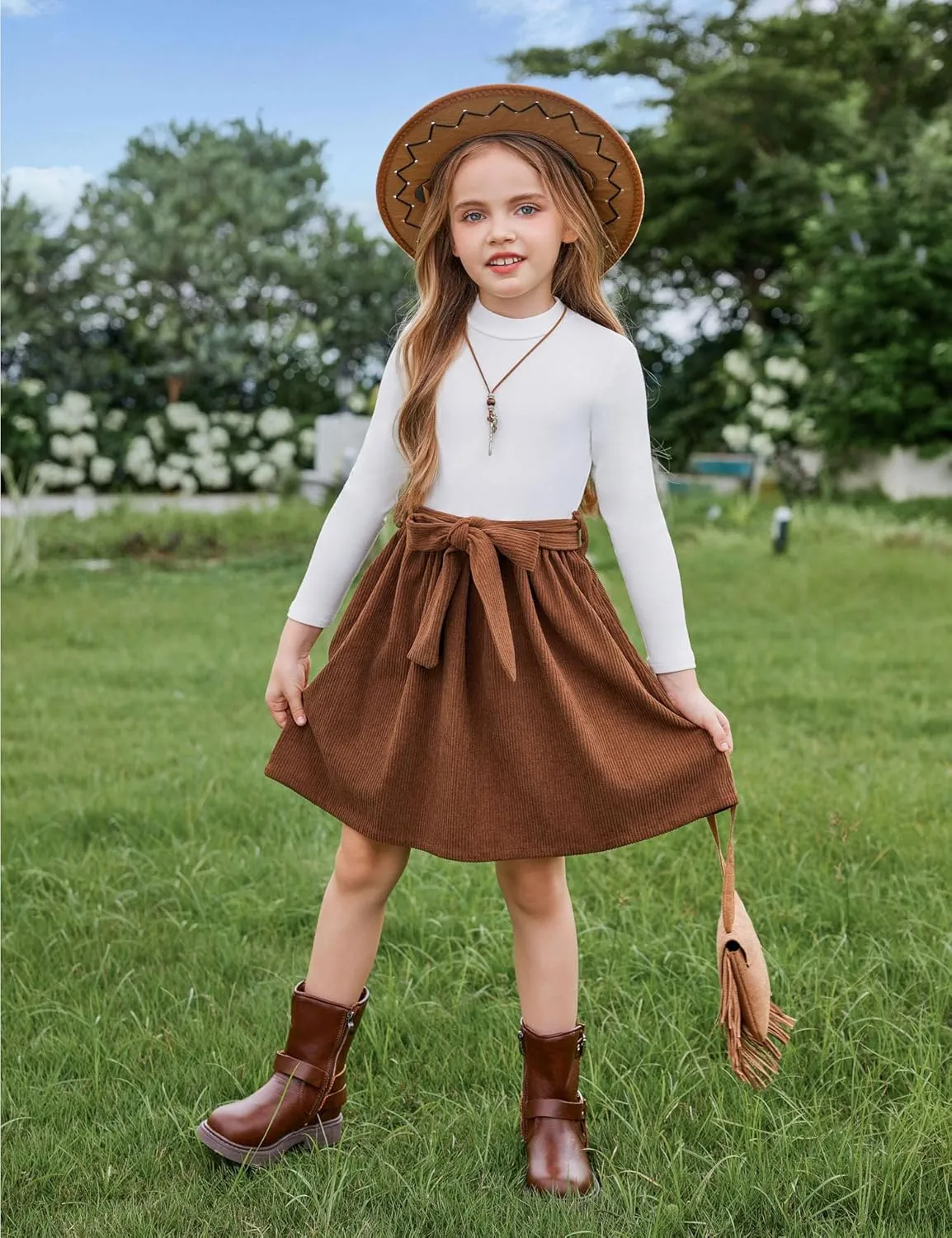 Arshiner Girls Dresses Long Sleeve Rib Knit Plaid Patchwork Belted Dress with Pockets
