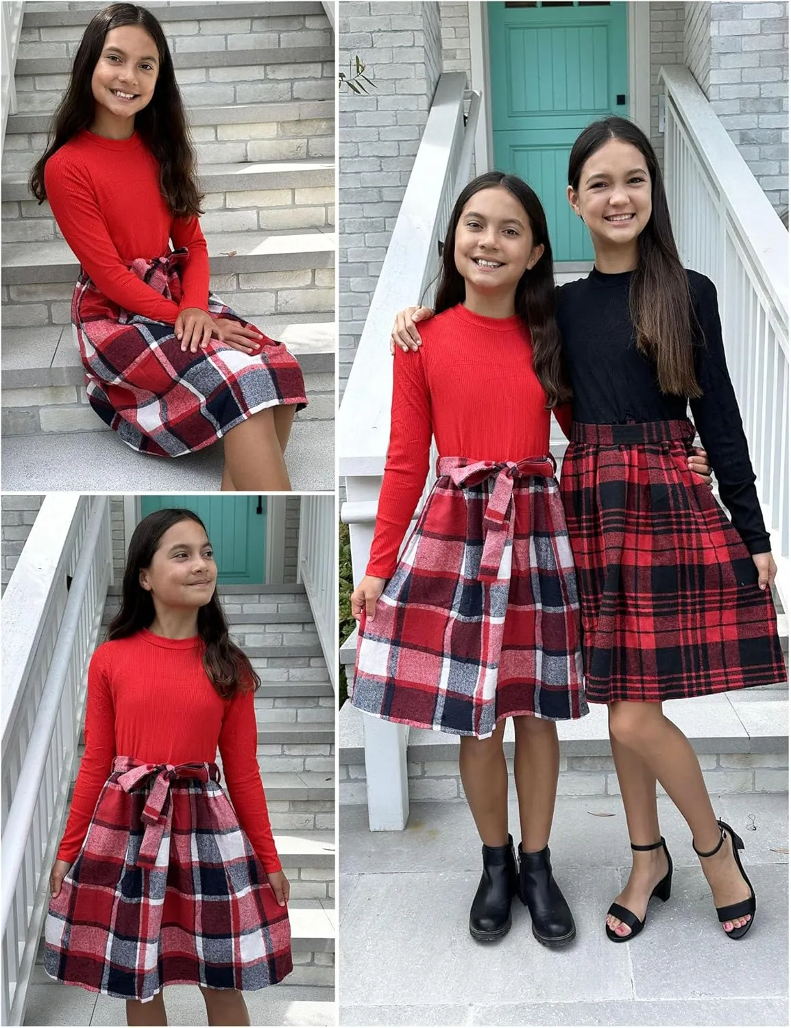 Arshiner Girls Dresses Long Sleeve Rib Knit Plaid Patchwork Belted Dress with Pockets