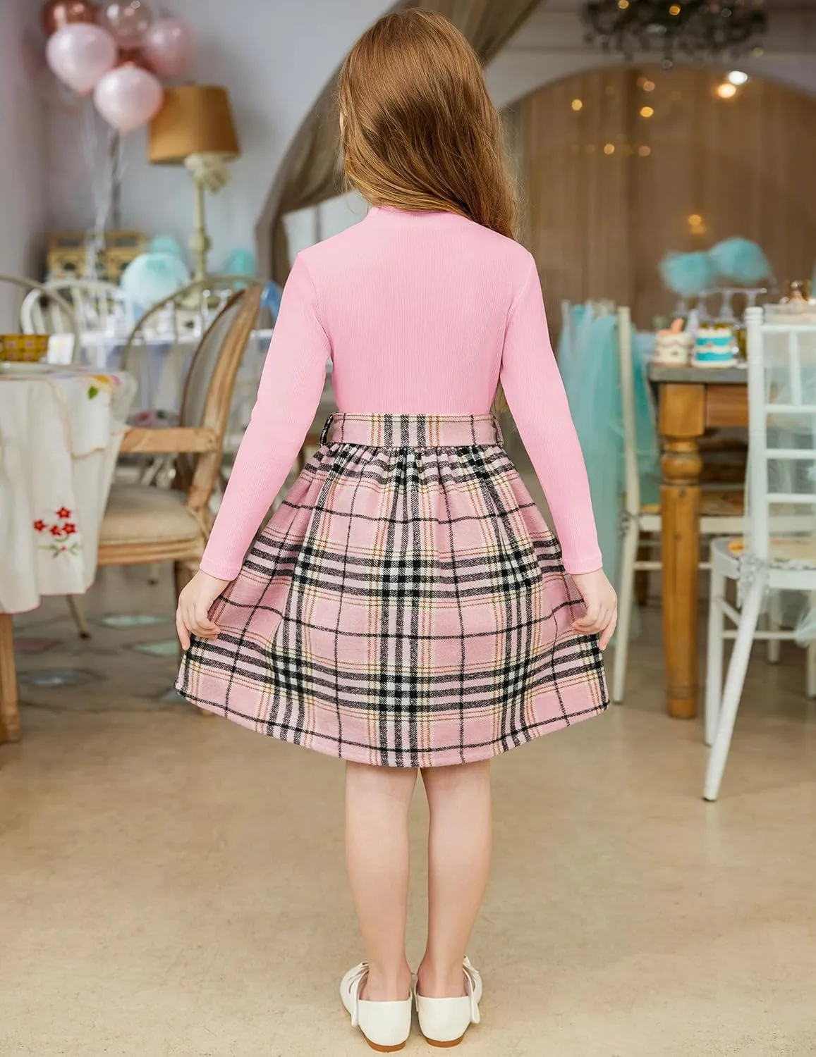 Arshiner Girls Dresses Long Sleeve Rib Knit Plaid Patchwork Belted Dress with Pockets
