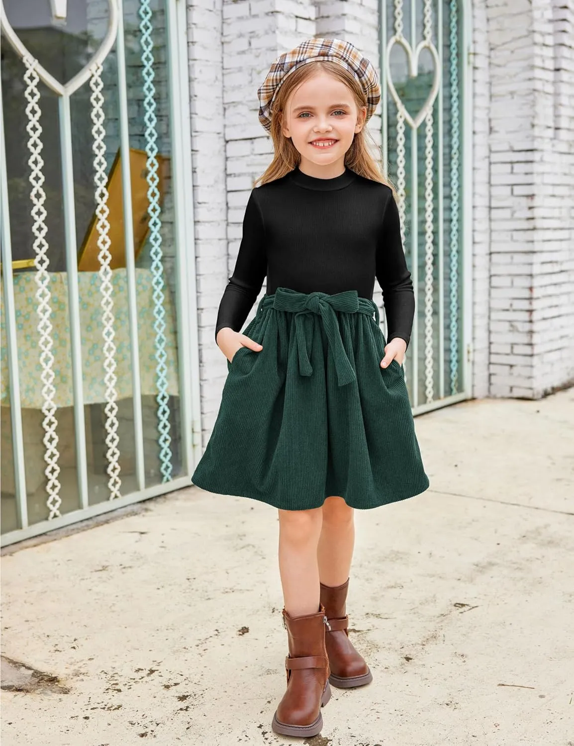 Arshiner Girls Dresses Long Sleeve Rib Knit Plaid Patchwork Belted Dress with Pockets