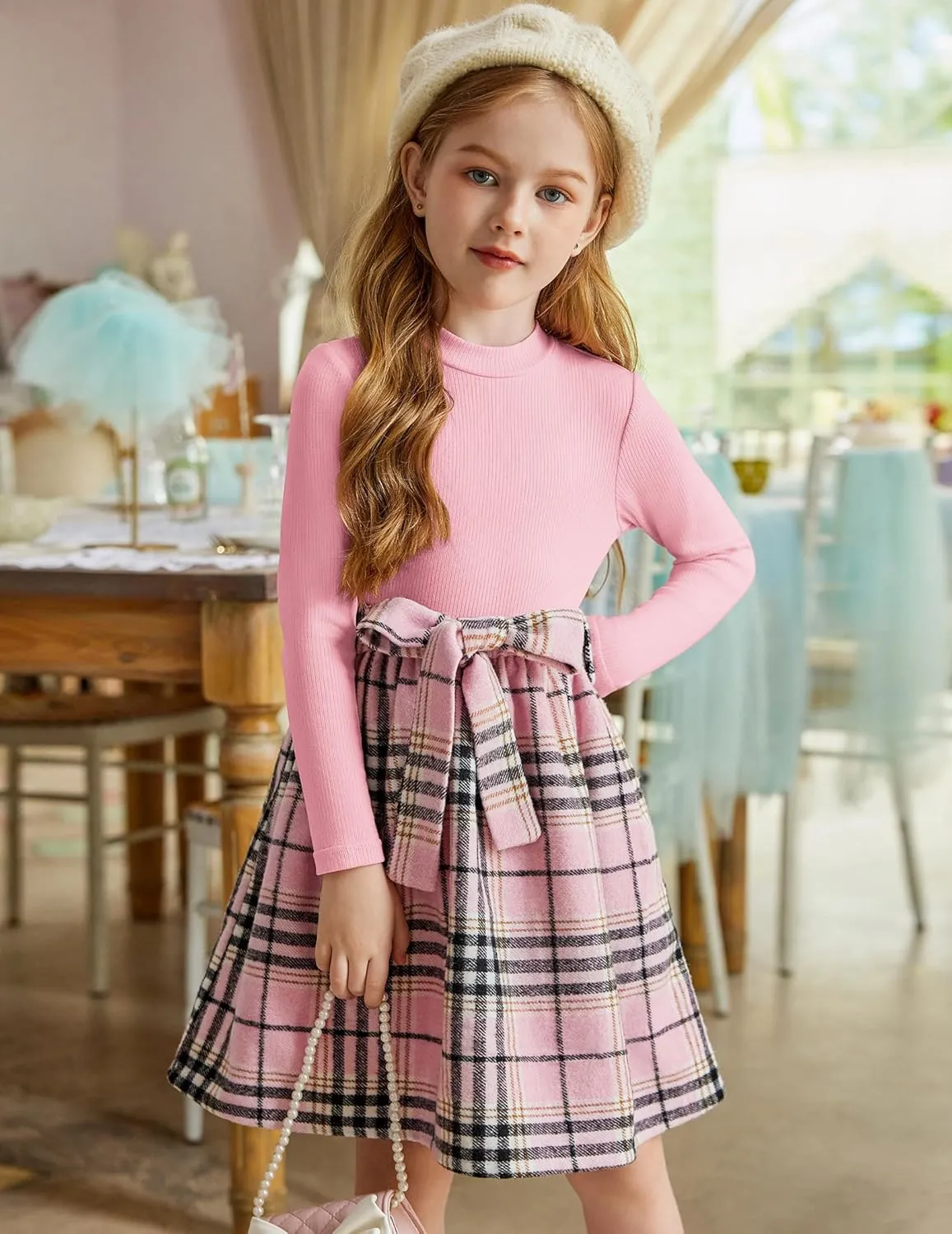 Arshiner Girls Dresses Long Sleeve Rib Knit Plaid Patchwork Belted Dress with Pockets
