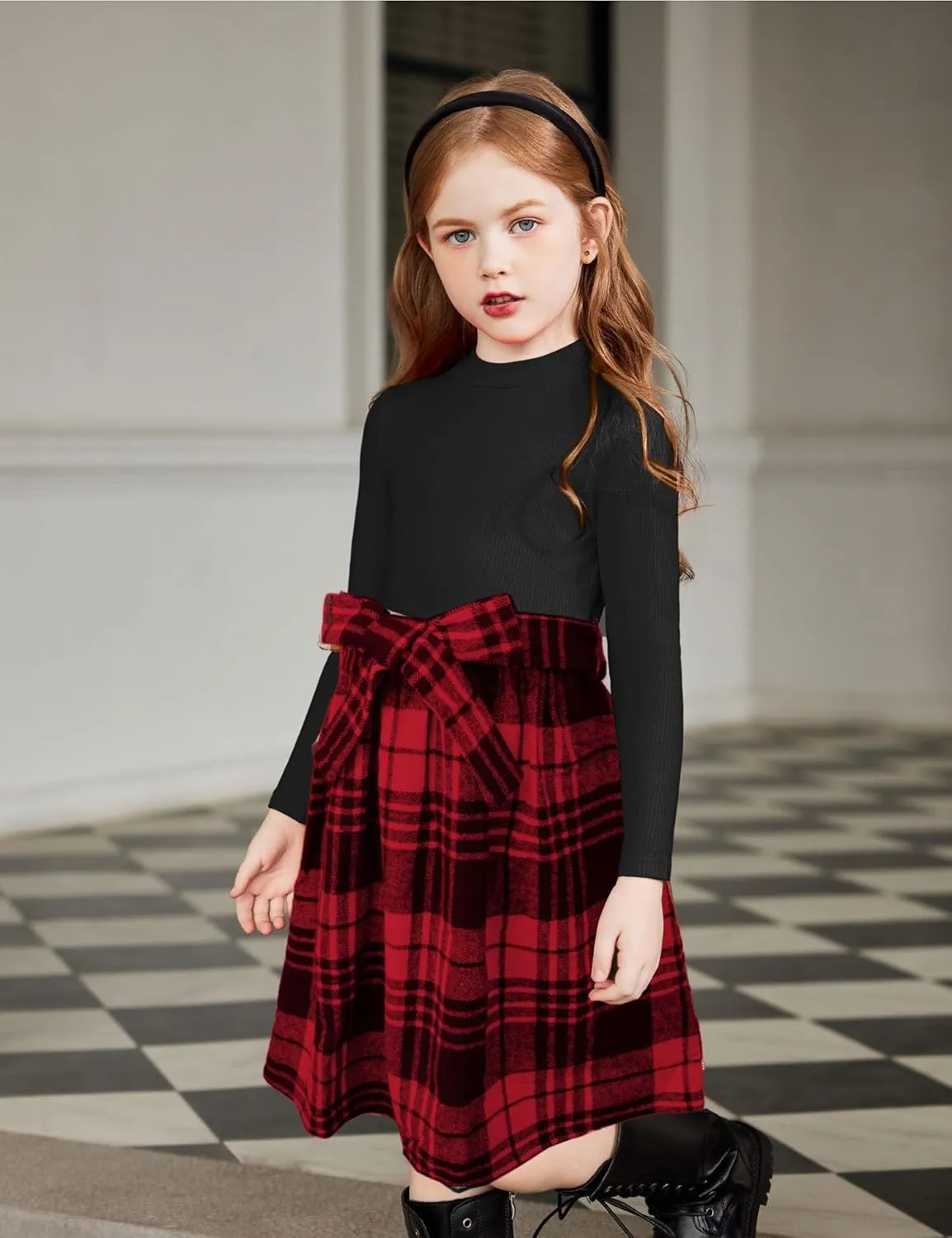 Arshiner Girls Dresses Long Sleeve Rib Knit Plaid Patchwork Belted Dress with Pockets