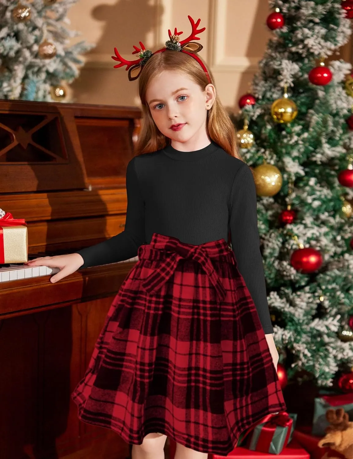 Arshiner Girls Dresses Long Sleeve Rib Knit Plaid Patchwork Belted Dress with Pockets
