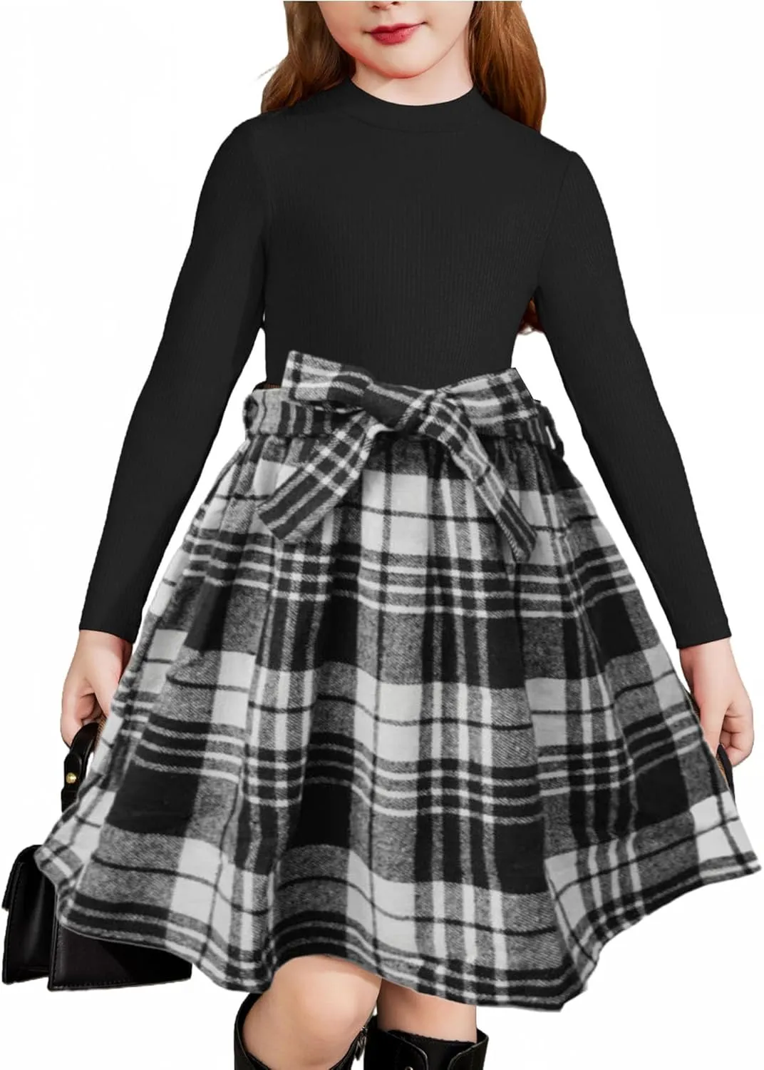 Arshiner Girls Dresses Long Sleeve Rib Knit Plaid Patchwork Belted Dress with Pockets