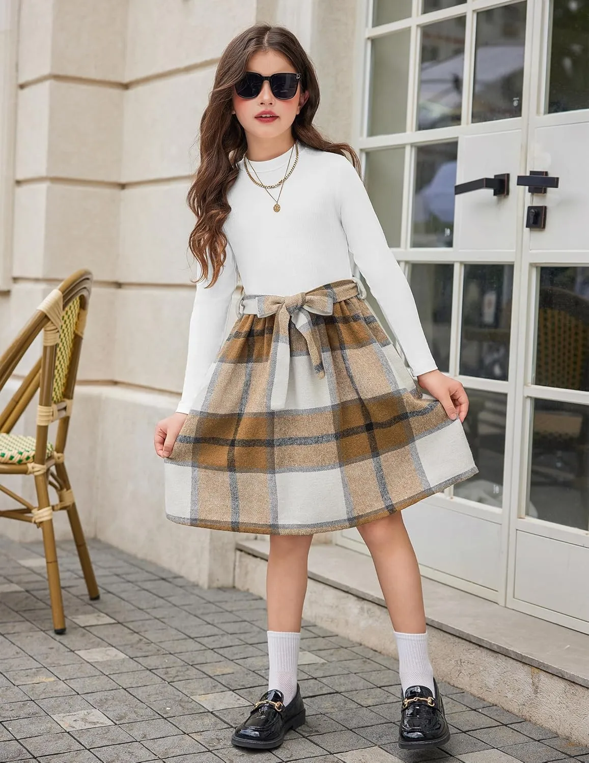 Arshiner Girls Dresses Long Sleeve Rib Knit Plaid Patchwork Belted Dress with Pockets