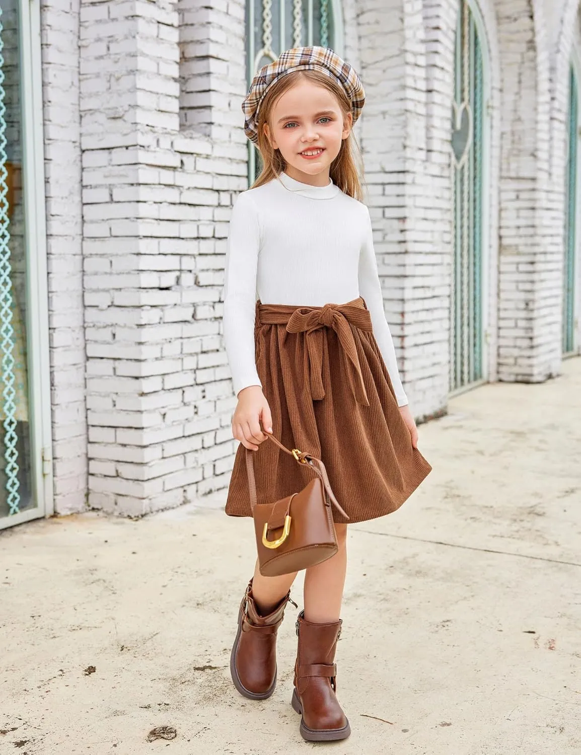 Arshiner Girls Dresses Long Sleeve Rib Knit Plaid Patchwork Belted Dress with Pockets