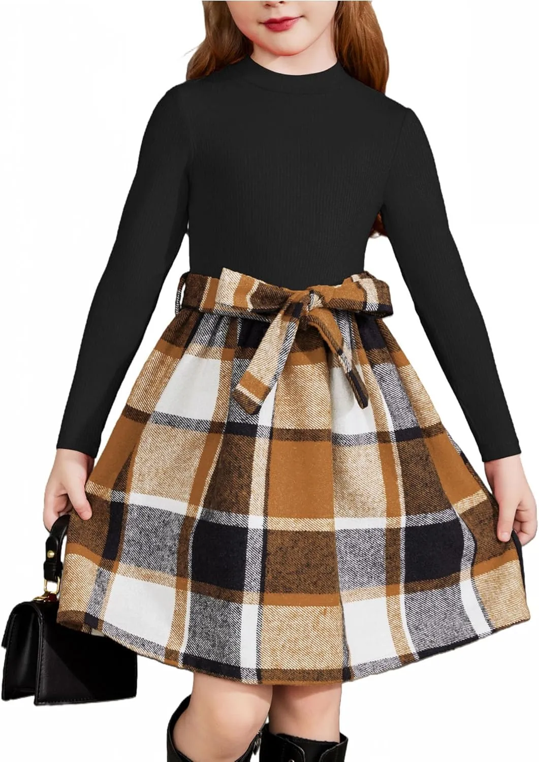 Arshiner Girls Dresses Long Sleeve Rib Knit Plaid Patchwork Belted Dress with Pockets