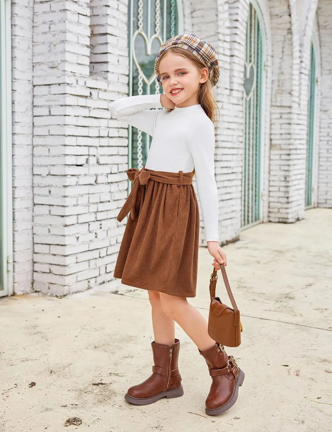 Arshiner Girls Dresses Long Sleeve Rib Knit Plaid Patchwork Belted Dress with Pockets