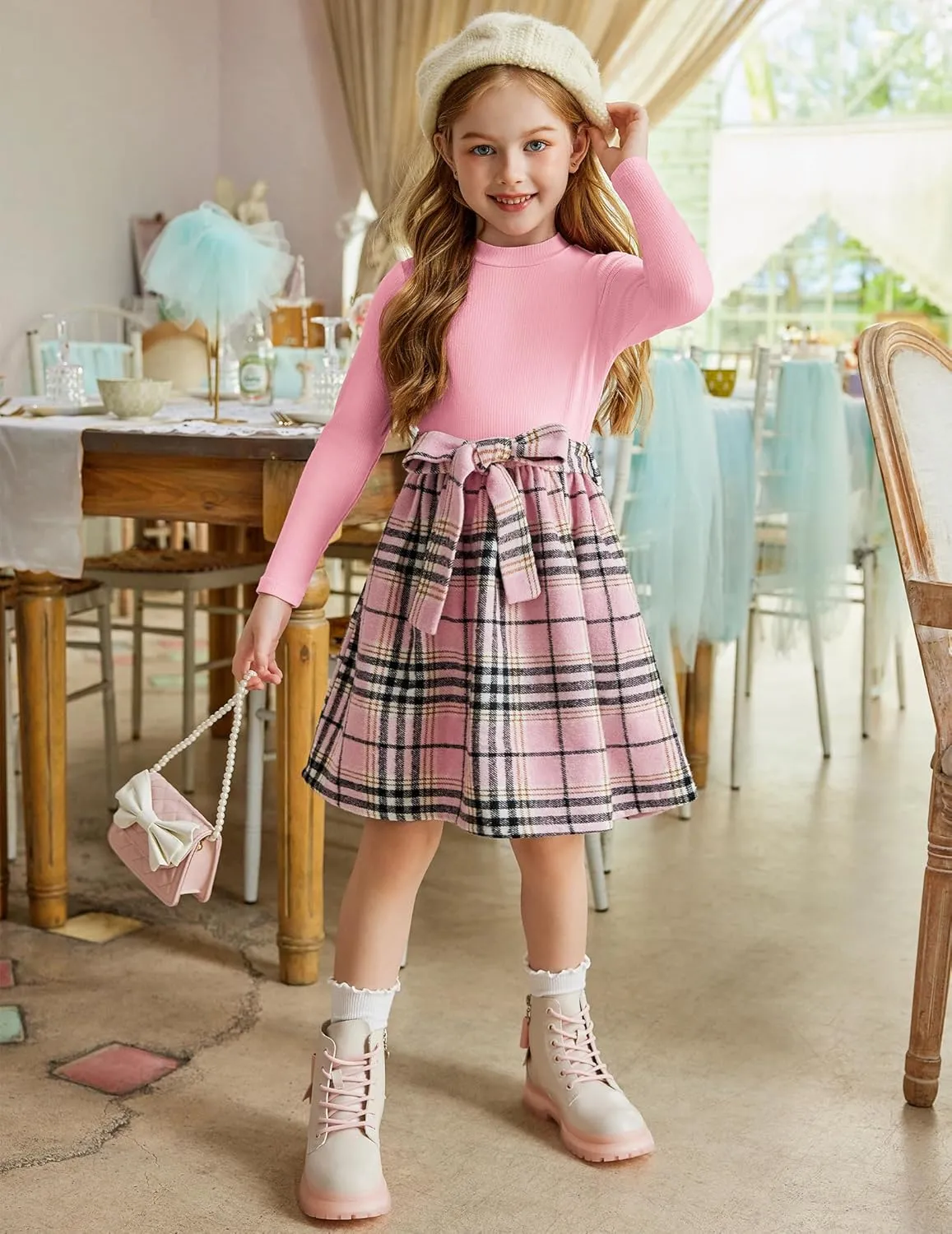 Arshiner Girls Dresses Long Sleeve Rib Knit Plaid Patchwork Belted Dress with Pockets