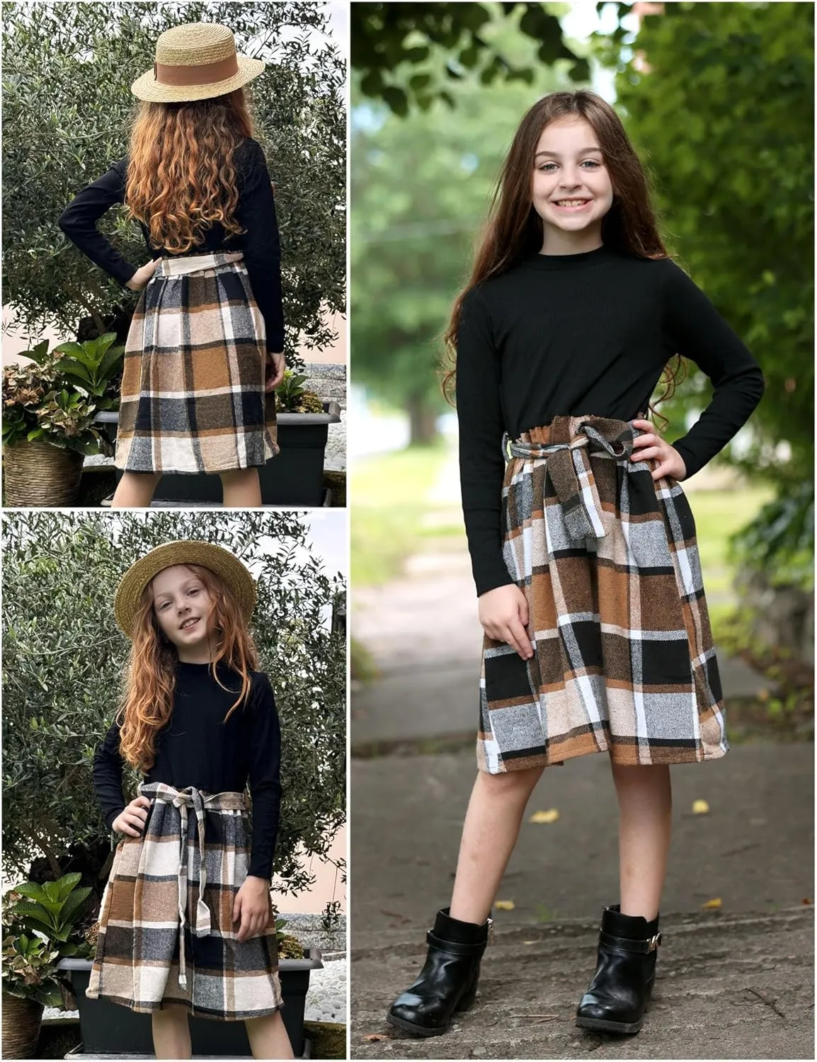 Arshiner Girls Dresses Long Sleeve Rib Knit Plaid Patchwork Belted Dress with Pockets