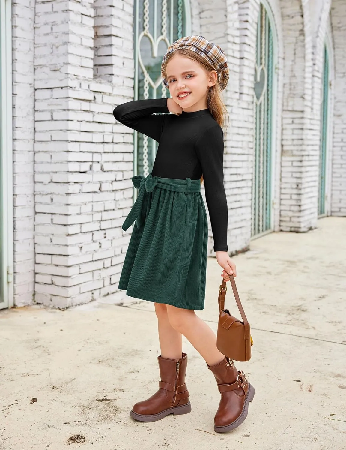 Arshiner Girls Dresses Long Sleeve Rib Knit Plaid Patchwork Belted Dress with Pockets