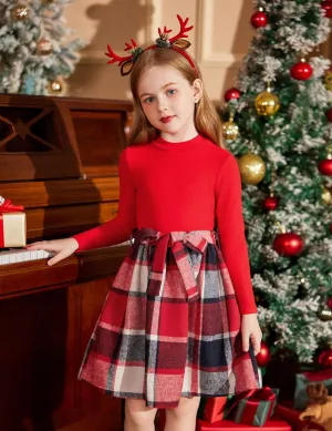 Arshiner Girls Dresses Long Sleeve Rib Knit Plaid Patchwork Belted Dress with Pockets