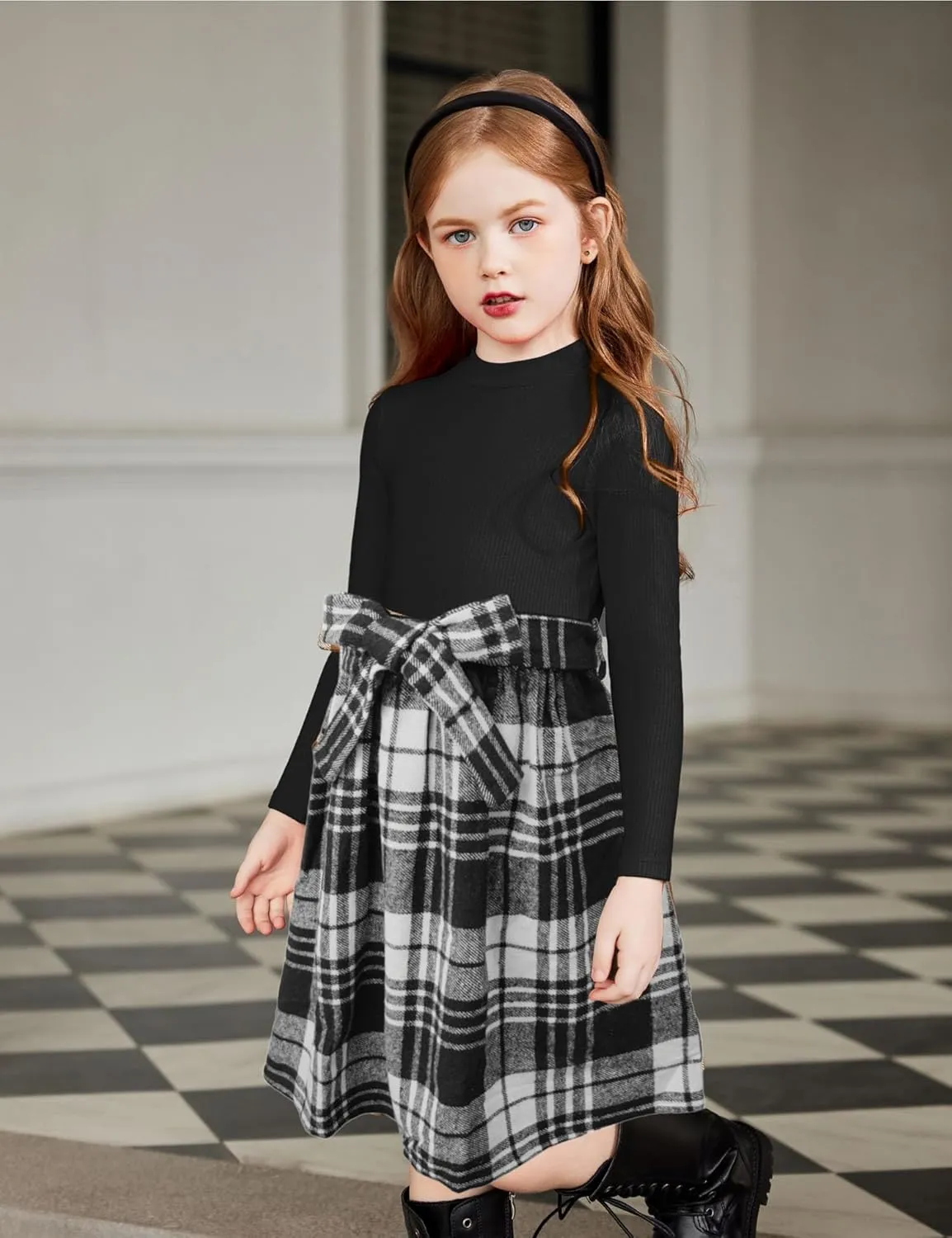 Arshiner Girls Dresses Long Sleeve Rib Knit Plaid Patchwork Belted Dress with Pockets