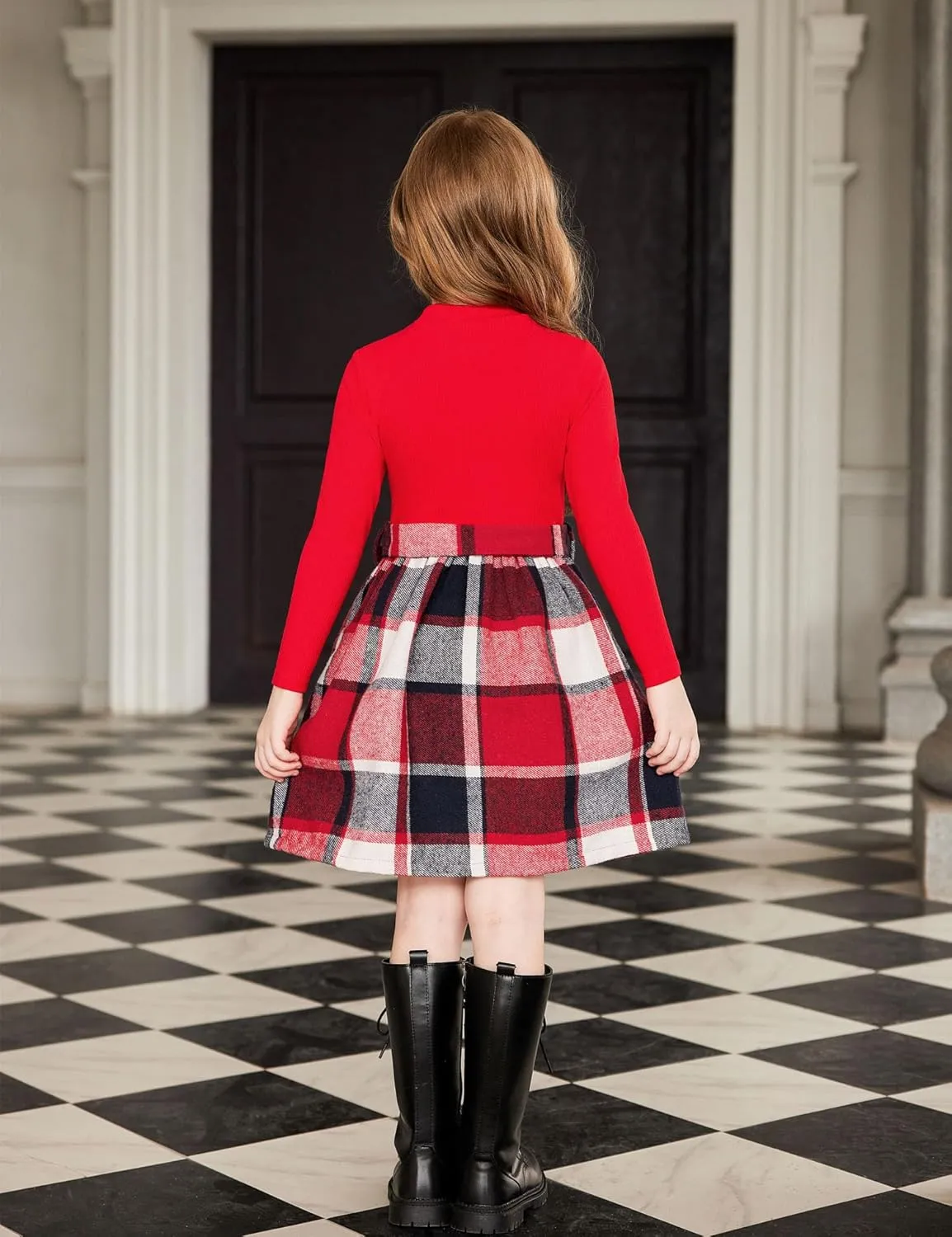 Arshiner Girls Dresses Long Sleeve Rib Knit Plaid Patchwork Belted Dress with Pockets