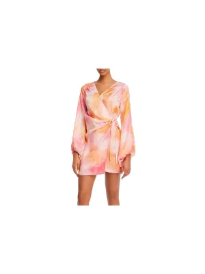 ART DEALER Womens Pleated Long Sleeve Surplice Neckline Mini Evening Wrap Dress