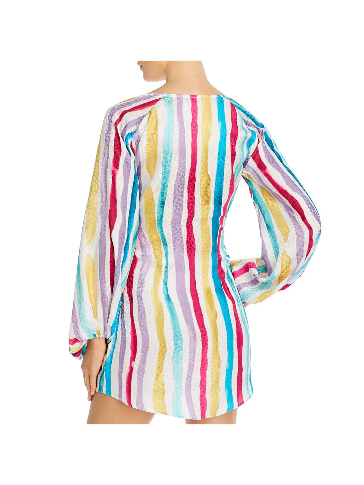ART DEALER Womens White Tie Striped Long Sleeve Surplice Neckline Mini Cocktail Wrap Dress