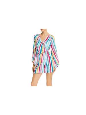 ART DEALER Womens White Tie Striped Long Sleeve Surplice Neckline Mini Cocktail Wrap Dress