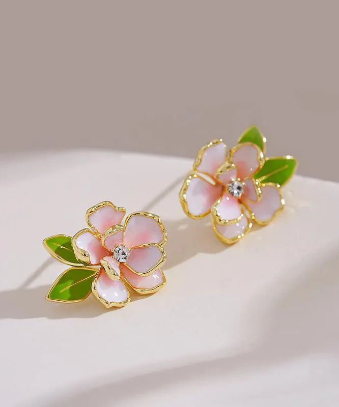 Art Pink Sterling Silver Overgild Zircon Enamel Camellia Flower Stud Earrings WP004