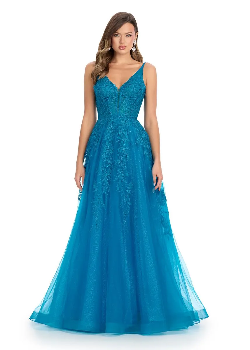 ASHLEYlauren Lace Illusion Long Prom Dress 11892