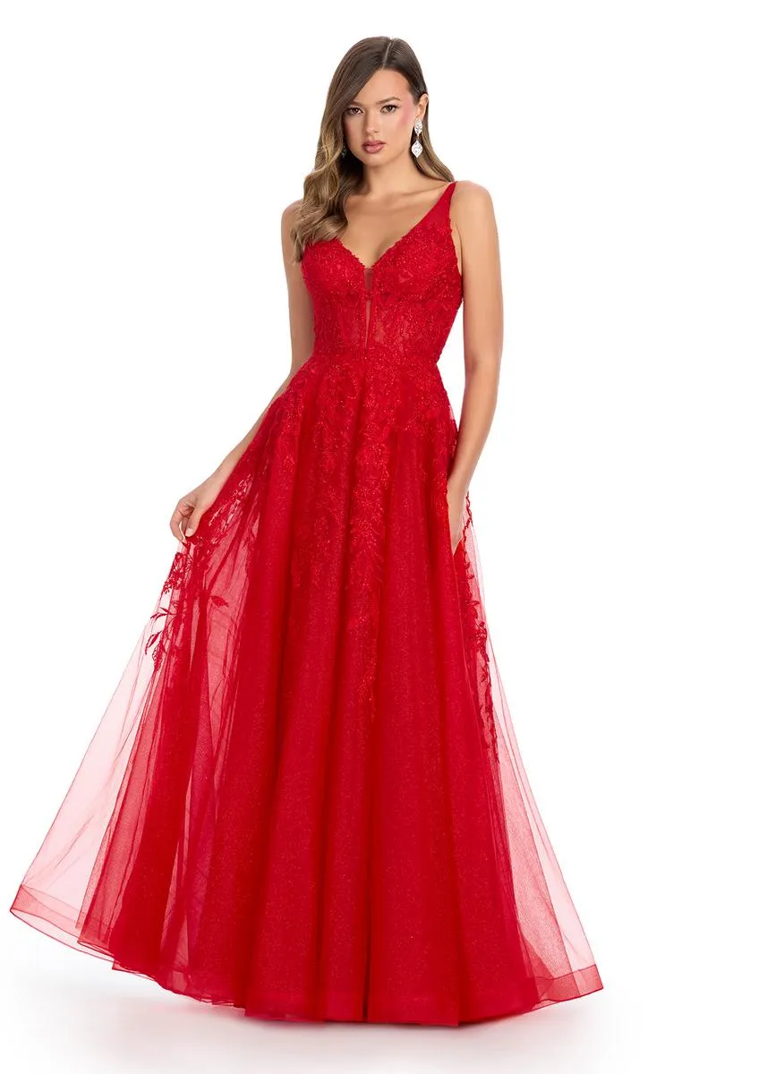 ASHLEYlauren Lace Illusion Long Prom Dress 11892