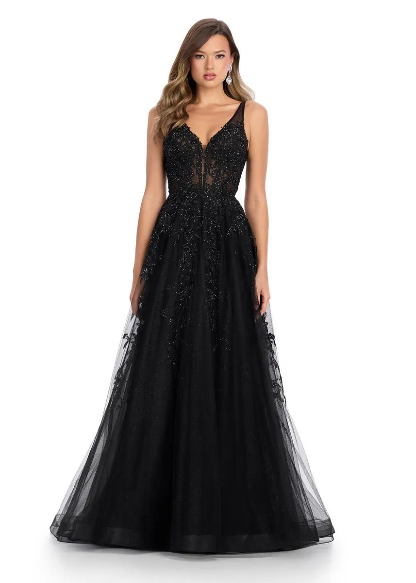 ASHLEYlauren Lace Illusion Long Prom Dress 11892