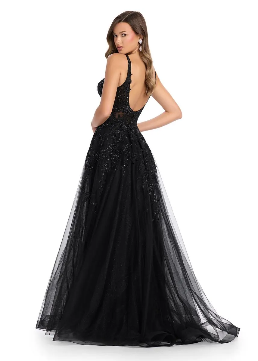 ASHLEYlauren Lace Illusion Long Prom Dress 11892